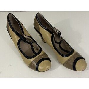 VTG-Style Women’s Beige/Black Leather T Strap Retro Mary Jane Heels Sz US 9-9.5